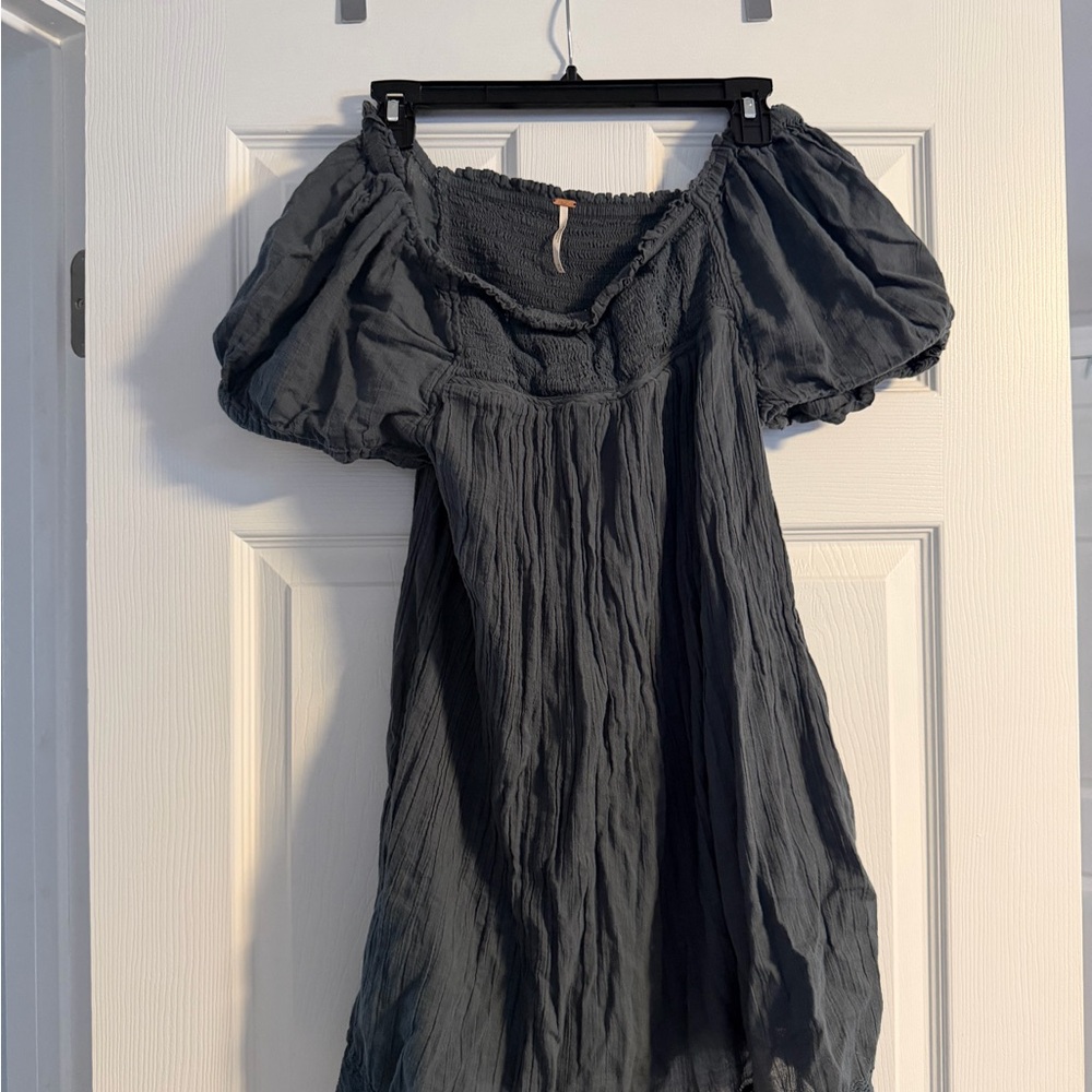 Free People Off-Shoulder Puff Sleeve Jumpsuit in Charcoal